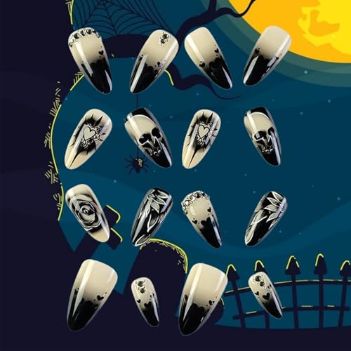 Halloween Skull Medium Almond False Nails - Dead Heart Design, 24Pcs, Glossy Black Rose Style - Variation 39