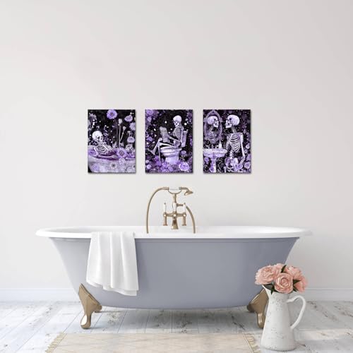 Gothic Skeleton Wall Art Set - Purple Moody Bathroom Decor 12x16 Inch Framed