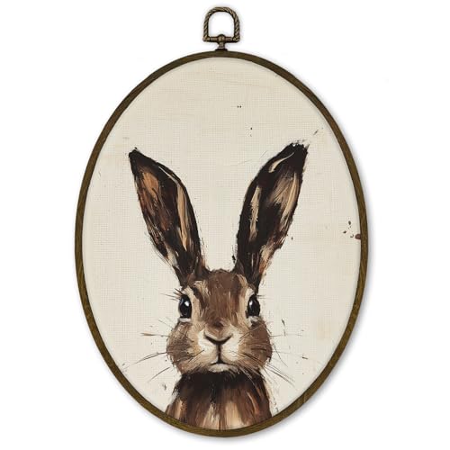 Oval Bunny Easter Wall Art Decor - Farmhouse Rustic Canvas Prints for Nursery & Baby Room - Bunny2 Variation
