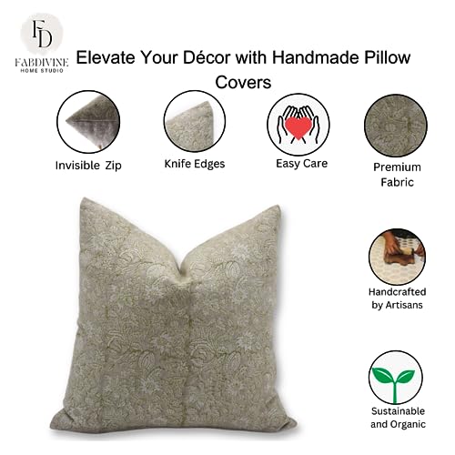 Grey Linen Throw Pillow Cover 14x14 Inches Handmade Block Print Cushion Cover with Zipper