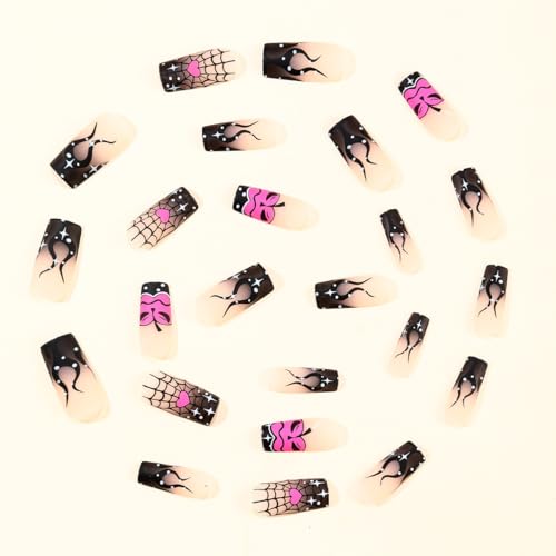 Halloween Press On Nails Set - 24 Medium Square Fake Nails with Ghost, Pumpkin & Spider Web Designs