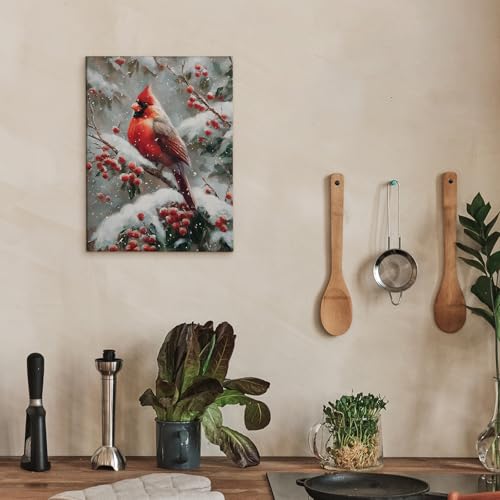 Winter Cardinal Canvas Wall Art - Vintage Christmas Scene 11x14 Inch