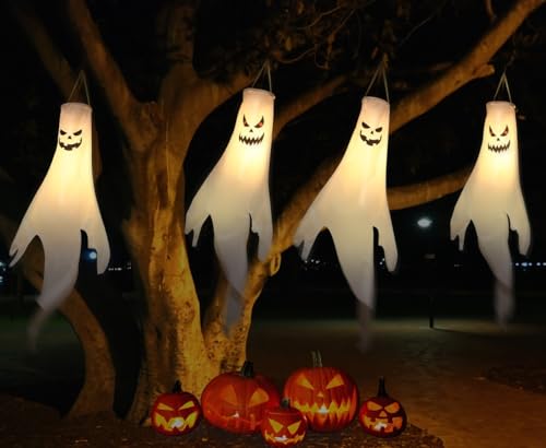 Scary Style Halloween Ghost Windsocks for Trees - Waterproof LED Outdoor Decorations, 4 Pcs