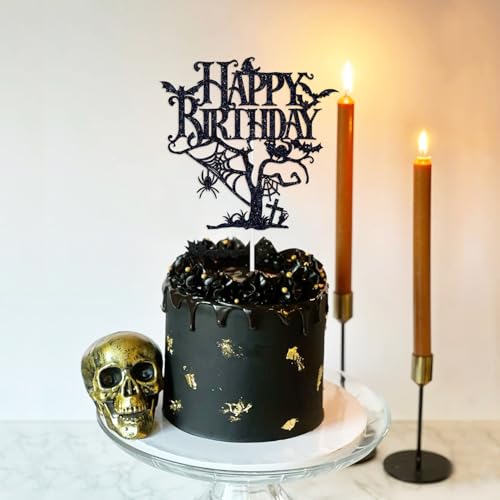 Halloween Birthday Cake Topper - Black Glitter Haunted House Decor, Spooky Party Supplies