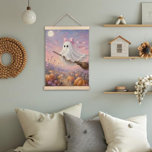 Pastel Pink Halloween Ghost Fall Pumpkin Wall Art Poster 12x16 - Seasonal Decor