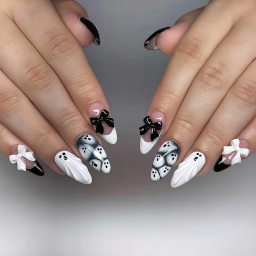 Halloween Ghost Nails - 30Pcs Medium French Tip Fake Nails with 3D Bow - Variation of THIS listing