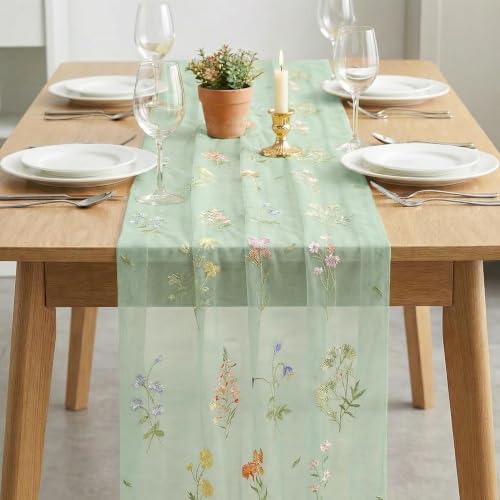 6PC Sage Green Floral Embroidery Table Runner Set - 28x120 Inches