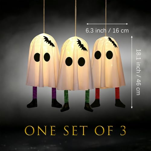 Halloween Ghost Hanging Ornaments Set of 3 - Glowing Indoor & Outdoor Decorations