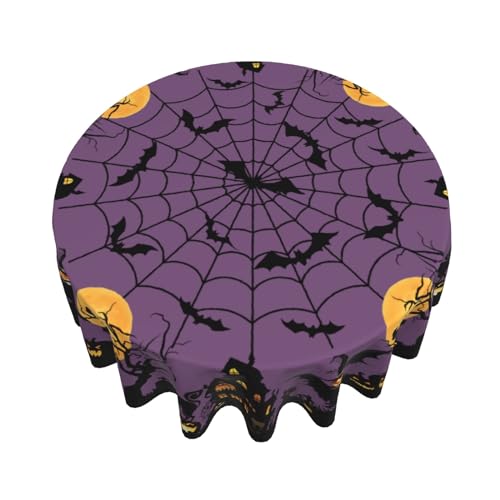 Giwawa Halloween Round Tablecloth 60 Inch - Spooky Pumpkin Cat Bat Web Design, Purple Variant