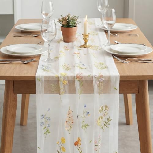 3PC White Gauze Embroidery Table Runner Set - 28 x 120 Inches, Spring Home Decor