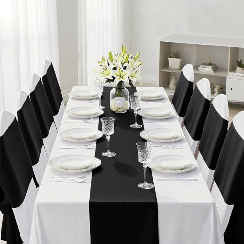 Black Satin Table Runner 12x108 Inches - 10 Pack for Weddings & Events - Variation of 10