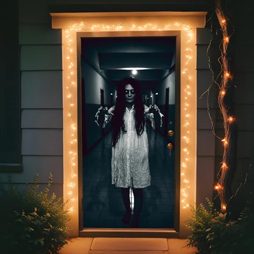 Halloween Door Backdrop Banner Ghost Girl Creepy Decor 73x35 Inch - Scary Party Supplies
