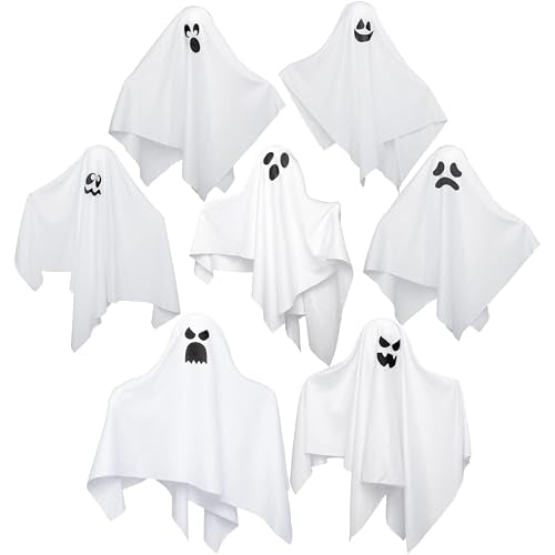 Halloween Flying Ghost Decorations Set - 7 Outdoor Hanging White Ghosts, 19.6 Inches