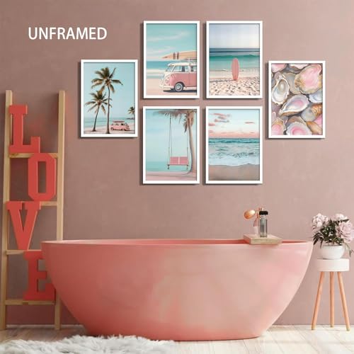 Pink Coastal Beach Wall Art Set - 6 Pieces 12x16in Ocean & Surf Posters for Dorm & Home Decor - Variation: Poster1