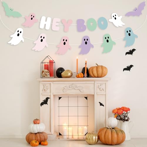 Pastel Halloween Ghost & Bat Garland Set - Cute Ghost Decor for Fireplace Mantle - Variation: Pastel
