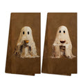 Halloween Ghost Coffee Bar Kitchen Towels Set of 2 - Rustic Whimsical Dishcloths - Ghost5 Variation