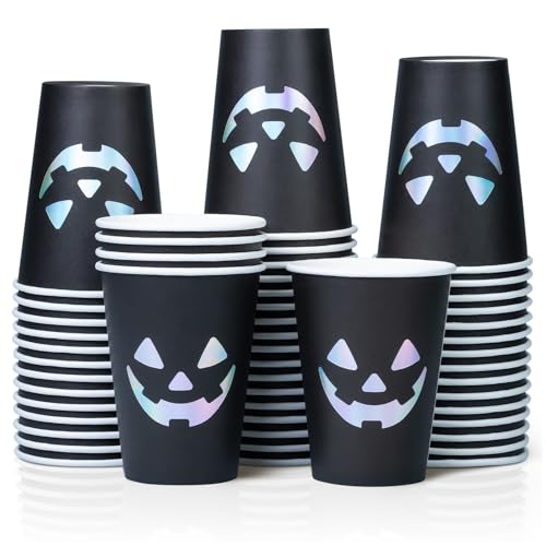 Halloween Disposable Paper Cups - Jack O' Lantern, Black & Silver, 12 oz, Bulk 50 Pack