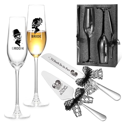 Gothic Wedding Cake Server Set with Skull Engraving & Champagne Glasses