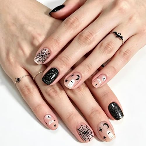 Halloween Short Square Press On Nails Set - Cute Black Fake Nails with Ghosts & Spider Webs, 24Pcs