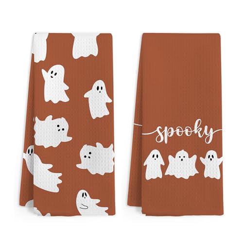 Halloween Ghost Kitchen Towels Set of 2 - Burnt Orange Fall Hand Dish Towels