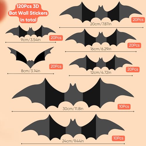 120Pcs Halloween Bat Wall Stickers for Indoor Outdoor Party Decorations