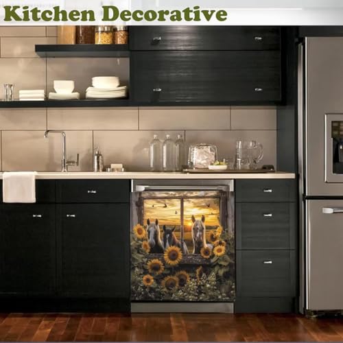 Farm Horse Magnetic Dishwasher Cover - Sunflower Butterfly Design, 23x26 Inch, Rustic Kitchen Decor