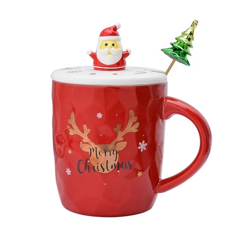 Red Santa Christmas Mug with 3D Lid and Spoon - 14oz Ceramic Holiday Coffee Cup