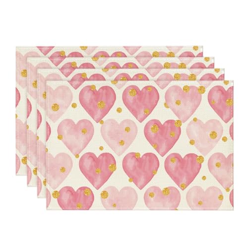 Polka Dot Gold Heart Love Placemats Set of 4 12x18 Inch Table Decor for Dinner Parties