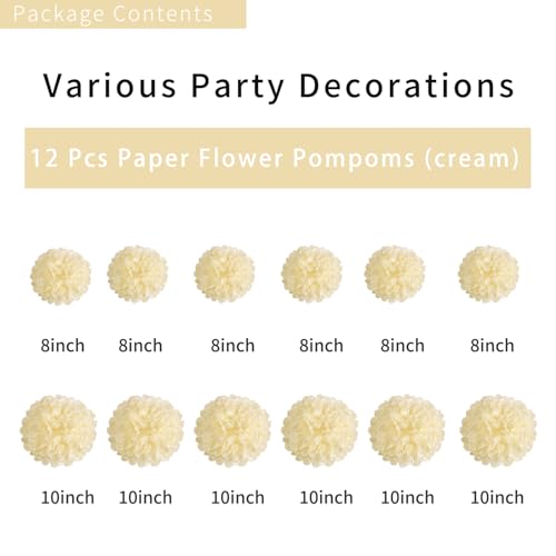 12 Pcs Cream Tissue Paper Pom Poms for Wedding Party Decorations
