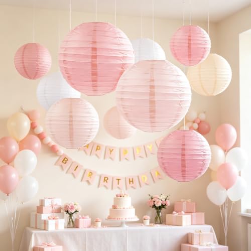 Pink Round Paper Lanterns Set of 6 - Decorative Hanging Party Lights for Wedding Baby Shower Halloween Birthday