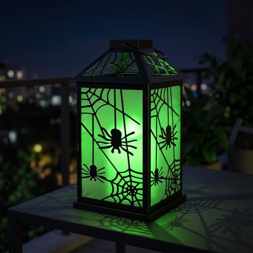 Halloween Candle Lantern with Spider Web Design - Indoor & Porch Decor, Spooky Spider Variation