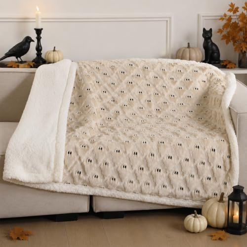 Remagr Beige Halloween Ghost Sherpa Throw Blanket 50x60 - Cozy & Decorative