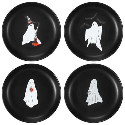 Halloween Ghost Ceramic Plates - Set of 4 Matte Black Decorative Dinnerware