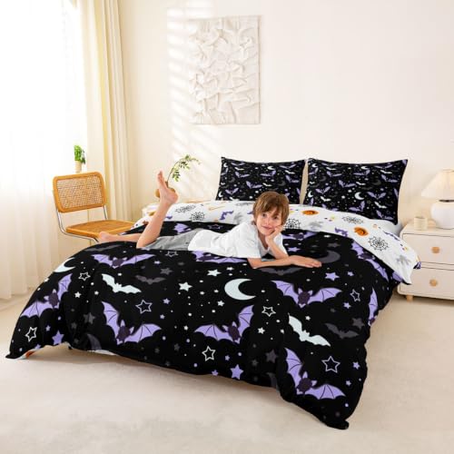 Purple Bat Halloween Duvet Cover Set - Moon Stars Galaxy Bedding, Queen Variation 13