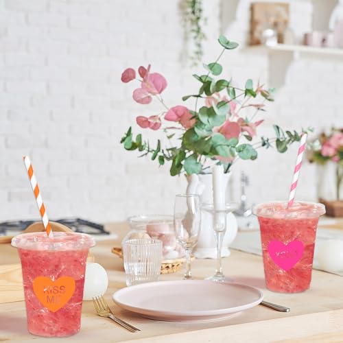 Conversation Heart Valentine's Day Disposable Plastic Cups with Lids & Straws - 12oz, 60 Pack