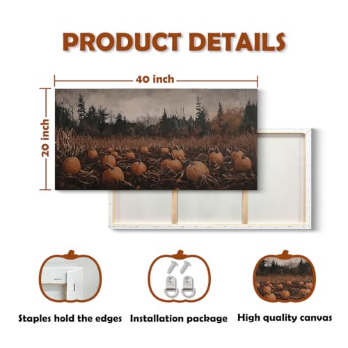 Large Fall Pumpkin Patch Canvas Wall Art - Framed 40x20 Inches - Orange Pumpkin Field