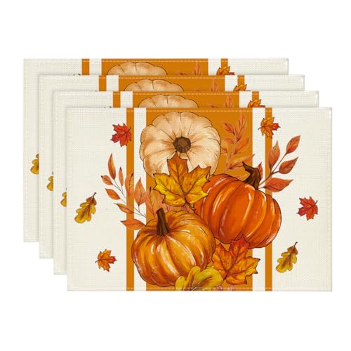 Pumpkin Leaves Fall Placemat Set of 4 - 12 x 18 Inch Rectangular Orange