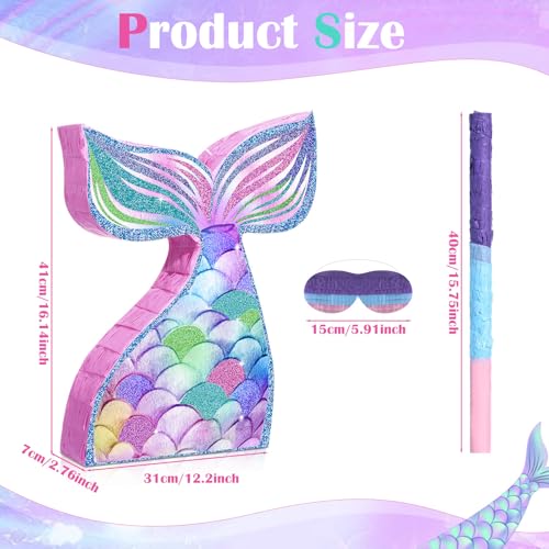 Mermaid Piñata Set with Blindfold and Stick - Under the Sea Birthday Party Decoration - Mermaid Tail Design - 16.14 x 12.20 Inches - Variation: Mermaid