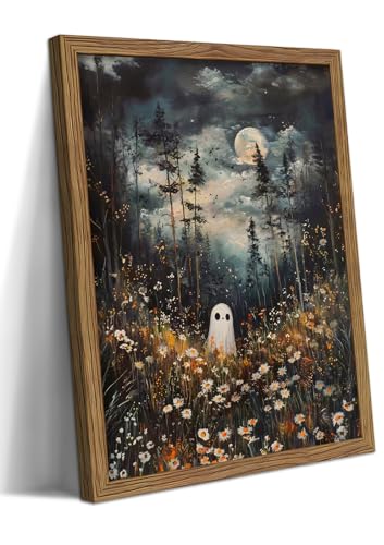 Moonlight Ghost Framed Halloween Wall Art - Spooky Forest Canvas, 24x16 Inch