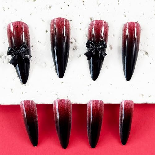 Halloween Long Stiletto False Nails Blood Set - Black Bow Tie Variation 23