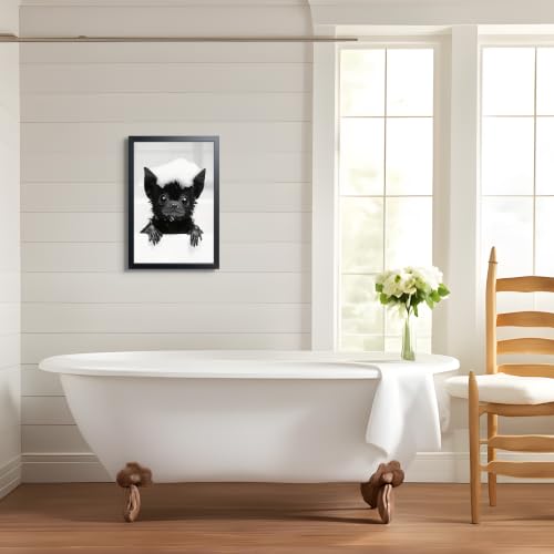 Framed Funny Bat Bathroom Wall Art - Black & White Animal Canvas Print - 24x16 Inches - Gothic Farmhouse Decor