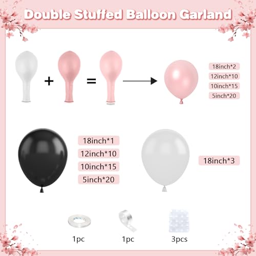 Pink Black Balloon Arch Kit - Double Stuffed Pearl Pink & Black Balloons - Variation of Pink Black