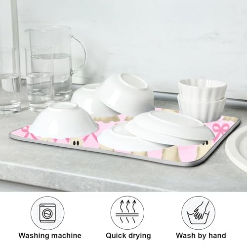 Pink Halloween Ghost Bow Dish Drying Mat - 18x24 Reusable Microfiber Kitchen Countertop