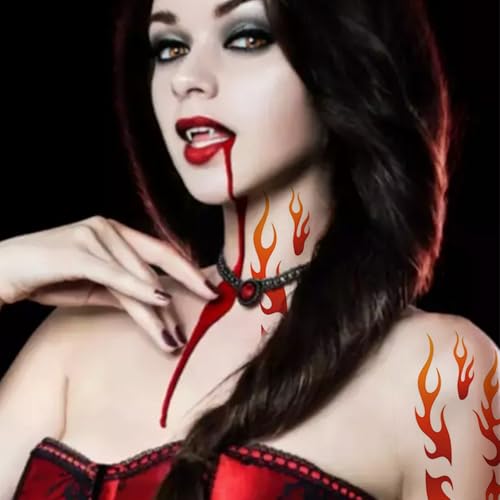 Flame Temporary Tattoo Stickers for Face & Body - Waterproof Realistic Red Flames - 6 Sheets, Orange Mixd