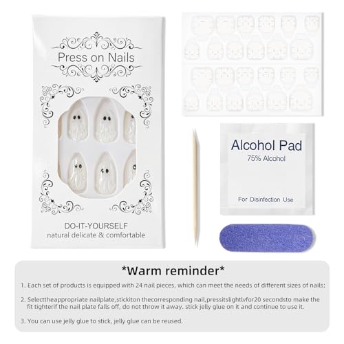 Halloween Press On Nails Glossy Chrome Fake Nails with White Ghost Design - Style 39, Medium Almond Shape, 24 Pcs
