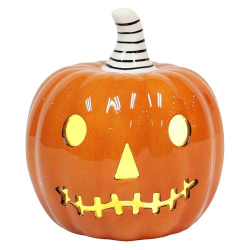 Halloween Ceramic Pumpkin Decor with LED Light - Orange, 5.5 Inch Tabletop Jack O Lantern