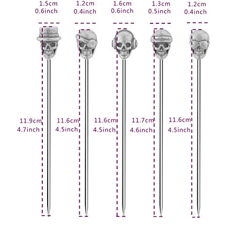 Skull Cocktail Picks - Reusable Olive Garnish Skewer Set, Antique Silver, 10 Pack