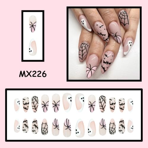 Halloween Press On Nails Long Stiletto Pink Fake Nails with Ghost and Spider Web Design - Variation Color43