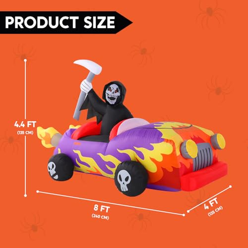 8ft Halloween Inflatable Grim Reaper Driving Car Outdoor Decoration with LED Lights
