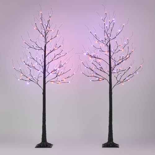 6FT LED Lighted Halloween Tree 2-Pack with Orange & Purple Lights - Indoor Outdoor Decor